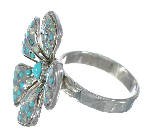 Opal And Turquoise Flower Southwestern Silver Ring Size 8-3/4 WX70710