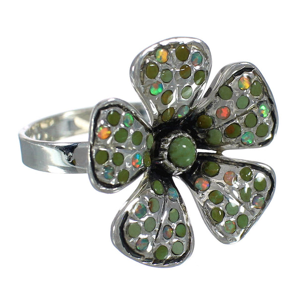 Southwest Turquoise And Opal Genuine Sterling Silver Flower Ring Size 8-3/4 WX70729
