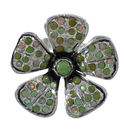 Southwest Turquoise And Opal Genuine Sterling Silver Flower Ring Size 8-3/4 WX70729