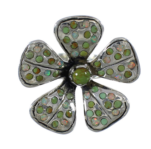 Southwestern Turquoise And Opal Genuine Sterling Silver Flower Ring Size 5-3/4 WX70733