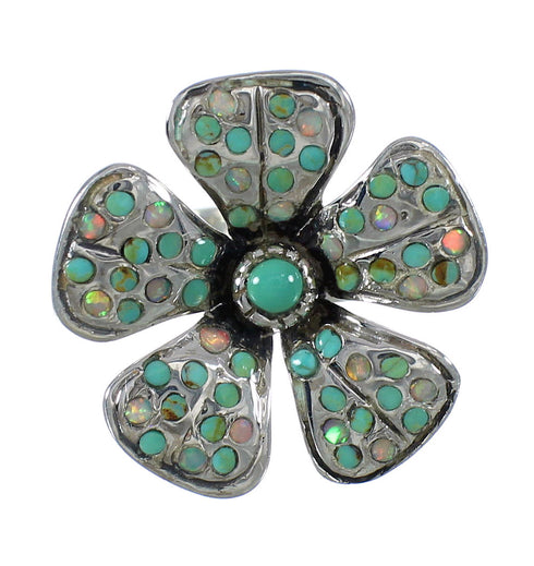 Turquoise And Opal Southwestern Genuine Sterling Silver Flower Ring Size 7-1/4 WX70752
