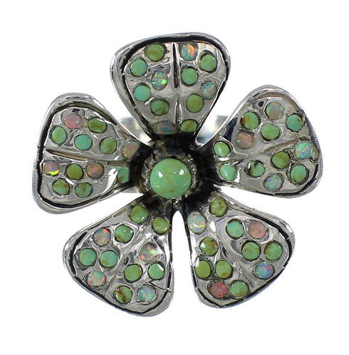 Southwestern Silver Turquoise And Opal Flower Ring Size 7-1/2 WX70770