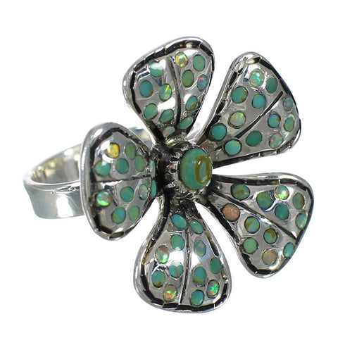 Silver Turquoise And Opal Flower Southwestern Ring Size 8-1/4 WX70776