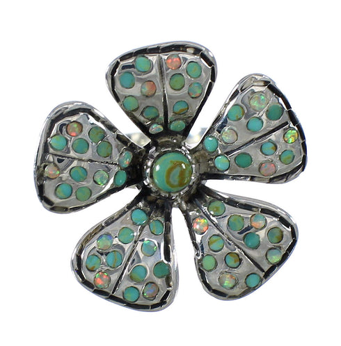 Silver Turquoise And Opal Flower Southwestern Ring Size 8-1/4 WX70776