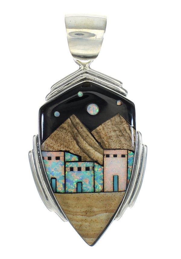 Silver Multicolor Inlay Native American Village Design Pendant MX64191