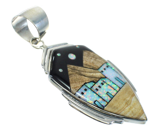 Silver Multicolor Inlay Native American Village Design Pendant MX64191