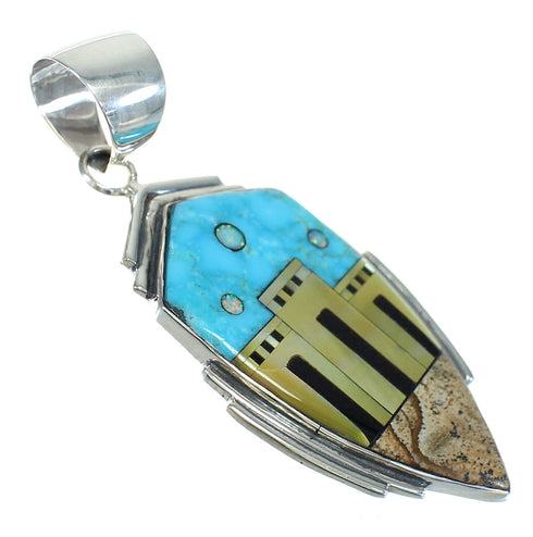 Southwest Multicolor Native American Village Design Silver Pendant MX64194