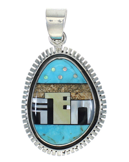 Silver Native American Village Or Pueblo Design Multicolor Inlay Pendant MX64201