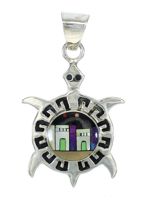 Multicolor Inlay Native American Pueblo Design Sterling Silver Turtle Pendant MX64307