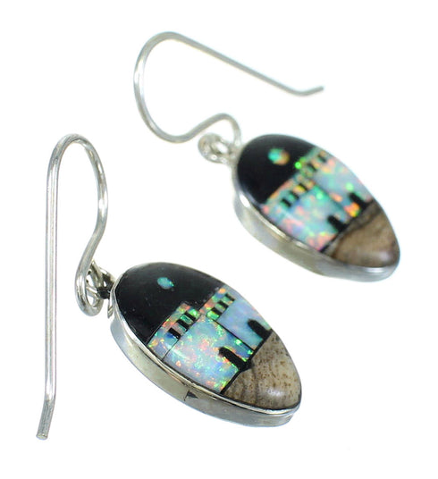 Multicolor Native American Village Design Sterling Silver Hook Dangle Earrings WX78934
