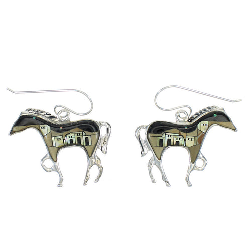 Native American Village Design Multicolor Sterling Silver Horse Hook Dangle Earrings WX78948