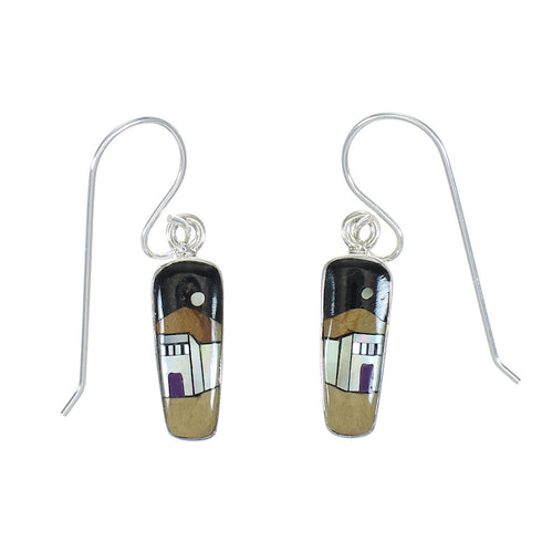 Sterling Silver Native American Village Design Multicolor Inlay Hook Dangle Earrings WX78986