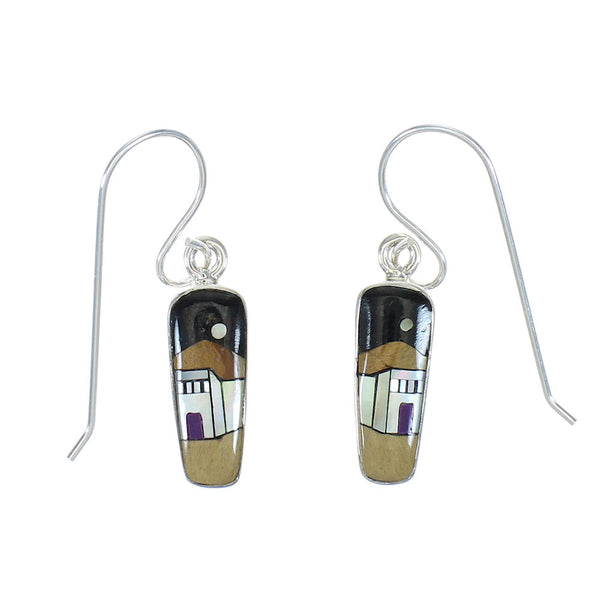 Sterling Silver Native American Village Design Multicolor Inlay Hook Dangle Earrings WX78986