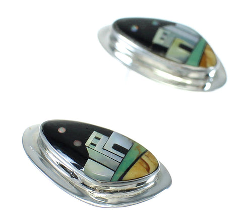 Native American Village Design Multicolor Inlay Sterling Silver Post Earrings WX79010