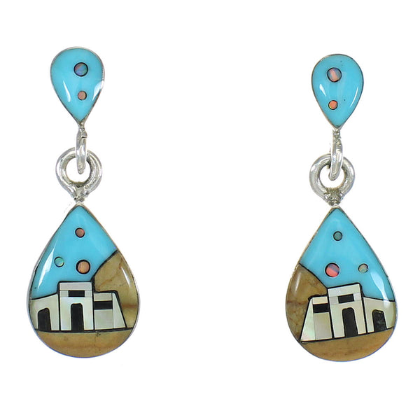 Native American Village Design Silver Multicolor Tear Drop Post Dangle Earrings WX79085