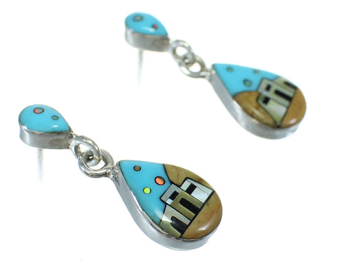 Native American Village Design Silver Multicolor Tear Drop Post Dangle Earrings WX79085