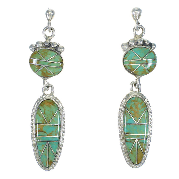 Southwest Turquoise Inlay Sterling Silver Post Dangle Earrings QX78778