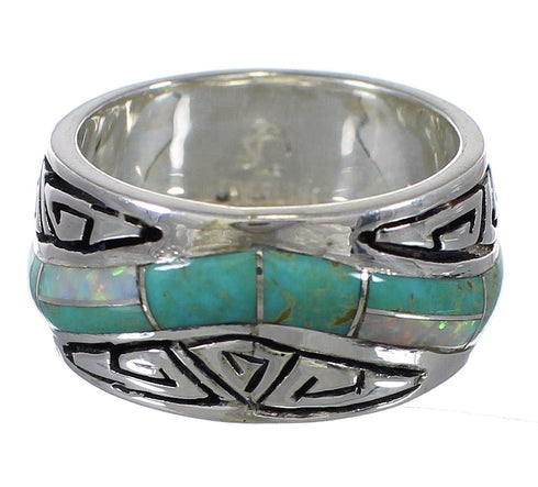 Water Wave Turquoise Opal Southwest Sterling Silver Ring Size 8 1/4 QX82316