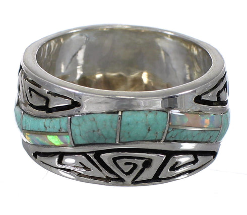 Turquoise Opal Authentic Sterling Silver Southwestern Water Wave Ring Size 7-3/4 QX82297