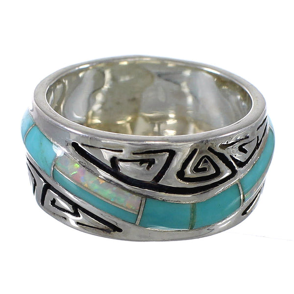 Authentic Sterling Silver Turquoise Opal Southwestern Water Wave Ring Size 7-1/4 QX82332