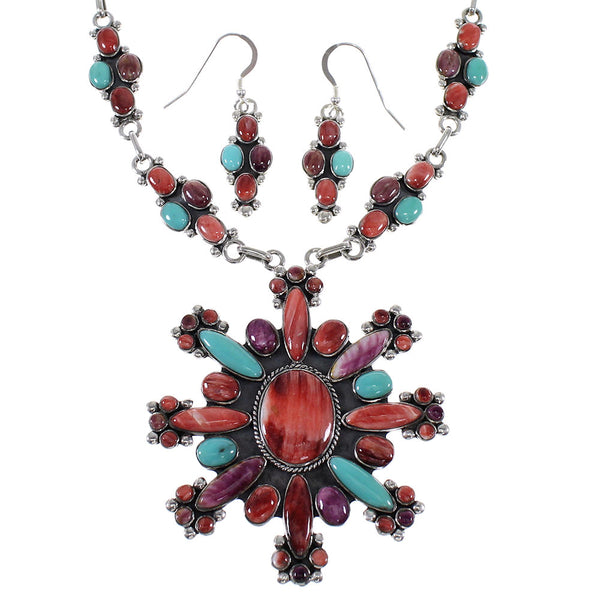 Multicolor Genuine Sterling Silver Southwestern Link Necklace And Earrings Set WX71799