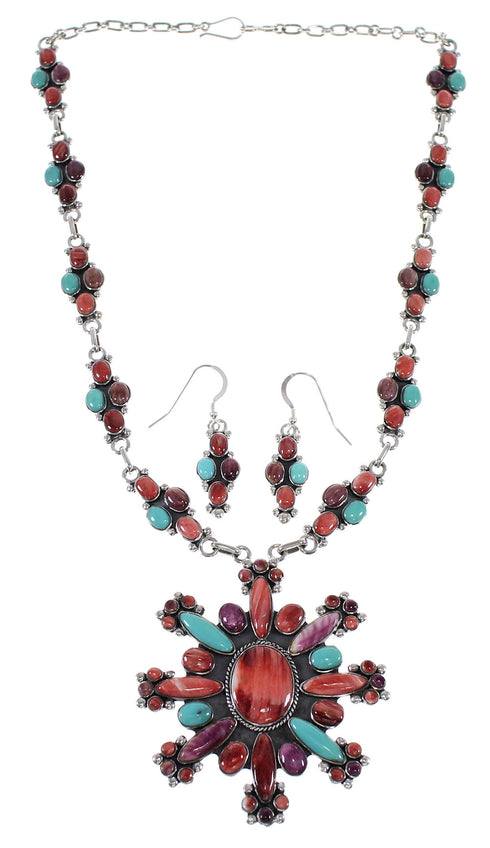 Multicolor Genuine Sterling Silver Southwestern Link Necklace And Earrings Set WX71799