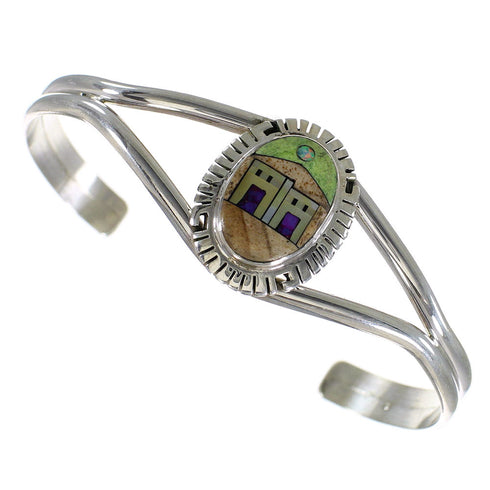 Southwest Sterling Silver And Multicolor Inlay Native American Village Design Bracelet VX63935