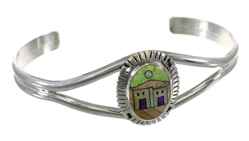 Southwest Sterling Silver And Multicolor Inlay Native American Village Design Bracelet VX63935