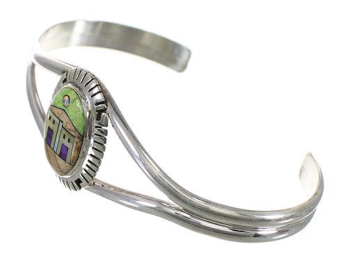 Southwest Sterling Silver And Multicolor Inlay Native American Village Design Bracelet VX63935
