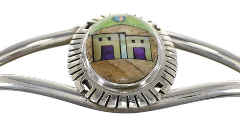 Southwest Sterling Silver And Multicolor Inlay Native American Village Design Bracelet VX63935
