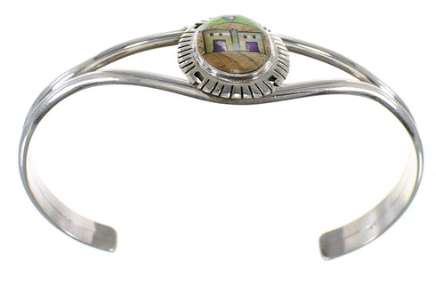 Southwest Sterling Silver And Multicolor Inlay Native American Village Design Bracelet VX63935