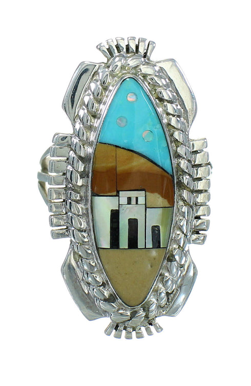 Silver Multicolor Inlay Native American Pueblo Design Southwest Ring Size 8-1/4 AX79271