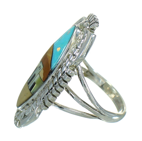 Silver Multicolor Inlay Native American Pueblo Design Southwest Ring Size 8-1/4 AX79271