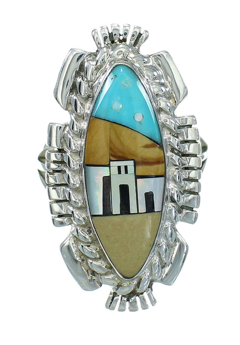 Southwestern Silver Multicolor Inlay Native American Pueblo Design Ring Size 8-1/2 AX79291