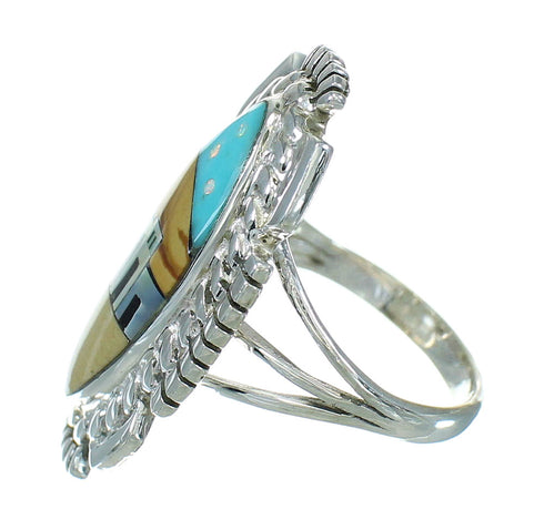 Southwestern Silver Multicolor Inlay Native American Pueblo Design Ring Size 8-1/2 AX79291