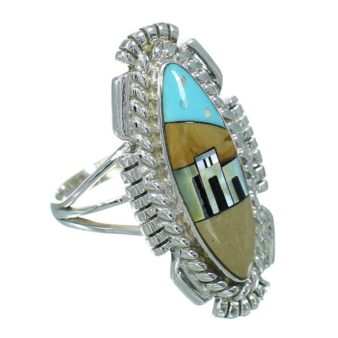 Silver Multicolor Southwest Native American Pueblo Design Ring Size 6-1/4 AX79294