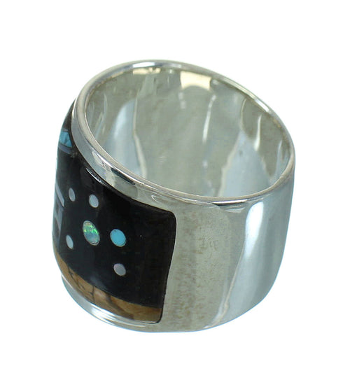 Southwestern Native American Village Design Multicolor Sterling Silver Ring Size 7-3/4 QX70420