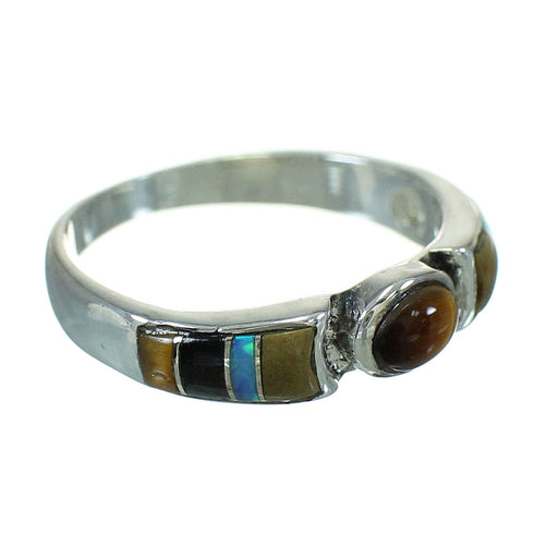 Southwestern Silver Multicolor Inlay Ring Size 5-1/4 QX70716