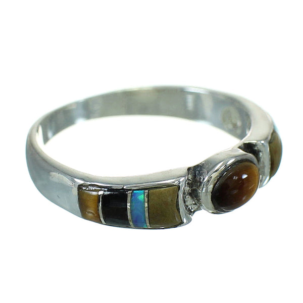 Southwestern Silver Multicolor Inlay Ring Size 5-1/4 QX70716