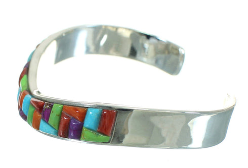 Southwest Genuine Sterling Silver Multicolor Inlay Cuff Bracelet VX65689