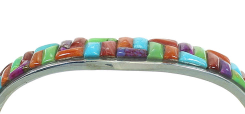 Southwest Genuine Sterling Silver Multicolor Inlay Cuff Bracelet VX65689