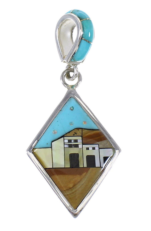 Southwest Silver Native American Village Design Multicolor Pendant MX64921