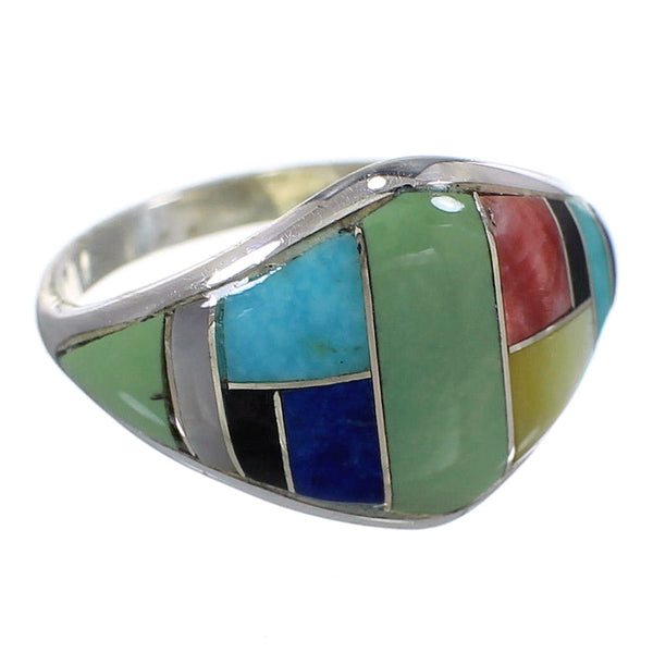 Southwest Genuine Sterling Silver Multicolor Inlay Ring Size 7-1/4 QX75203