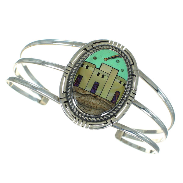 Southwest Sterling Silver And Multicolor Inlay Native American Village Design Bracelet RX69130