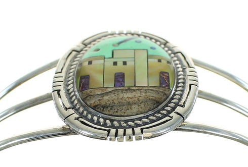 Southwest Sterling Silver And Multicolor Inlay Native American Village Design Bracelet RX69130