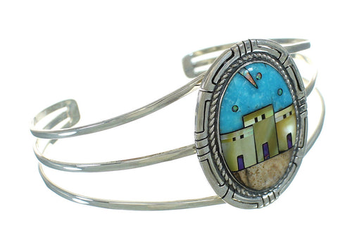 Genuine Sterling Silver Multicolor Inlay Native American Village Design Bracelet RX69133