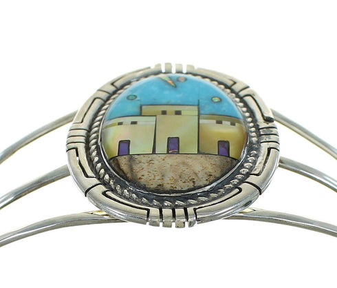 Genuine Sterling Silver Multicolor Inlay Native American Village Design Bracelet RX69133