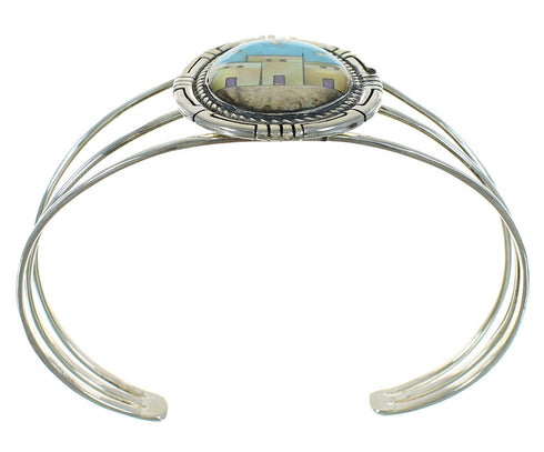Genuine Sterling Silver Multicolor Inlay Native American Village Design Bracelet RX69133