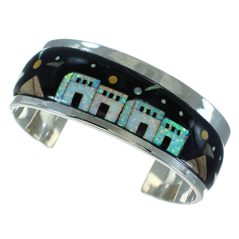 Sterling Silver Multicolor Native American Village Or Pueblo Design Southwest Cuff Bracelet RX69150