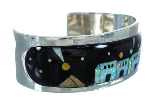 Sterling Silver Multicolor Native American Village Or Pueblo Design Southwest Cuff Bracelet RX69150